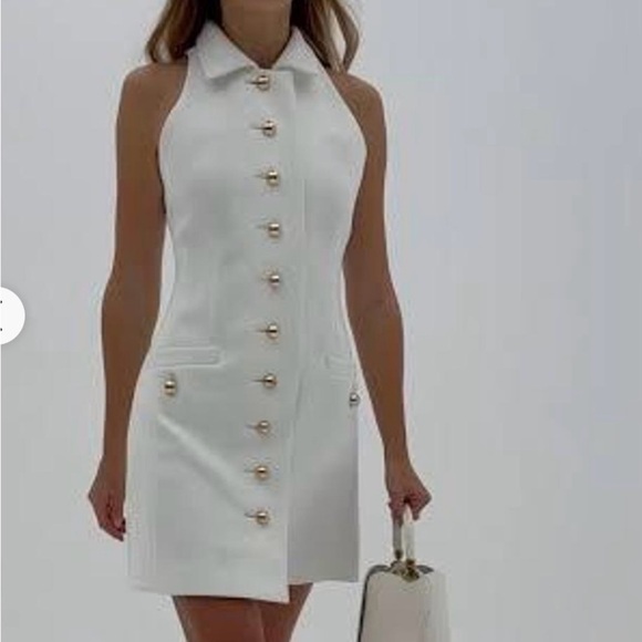 Cream Sheath Mini Dress with Notched Collar - Picture 2 of 8